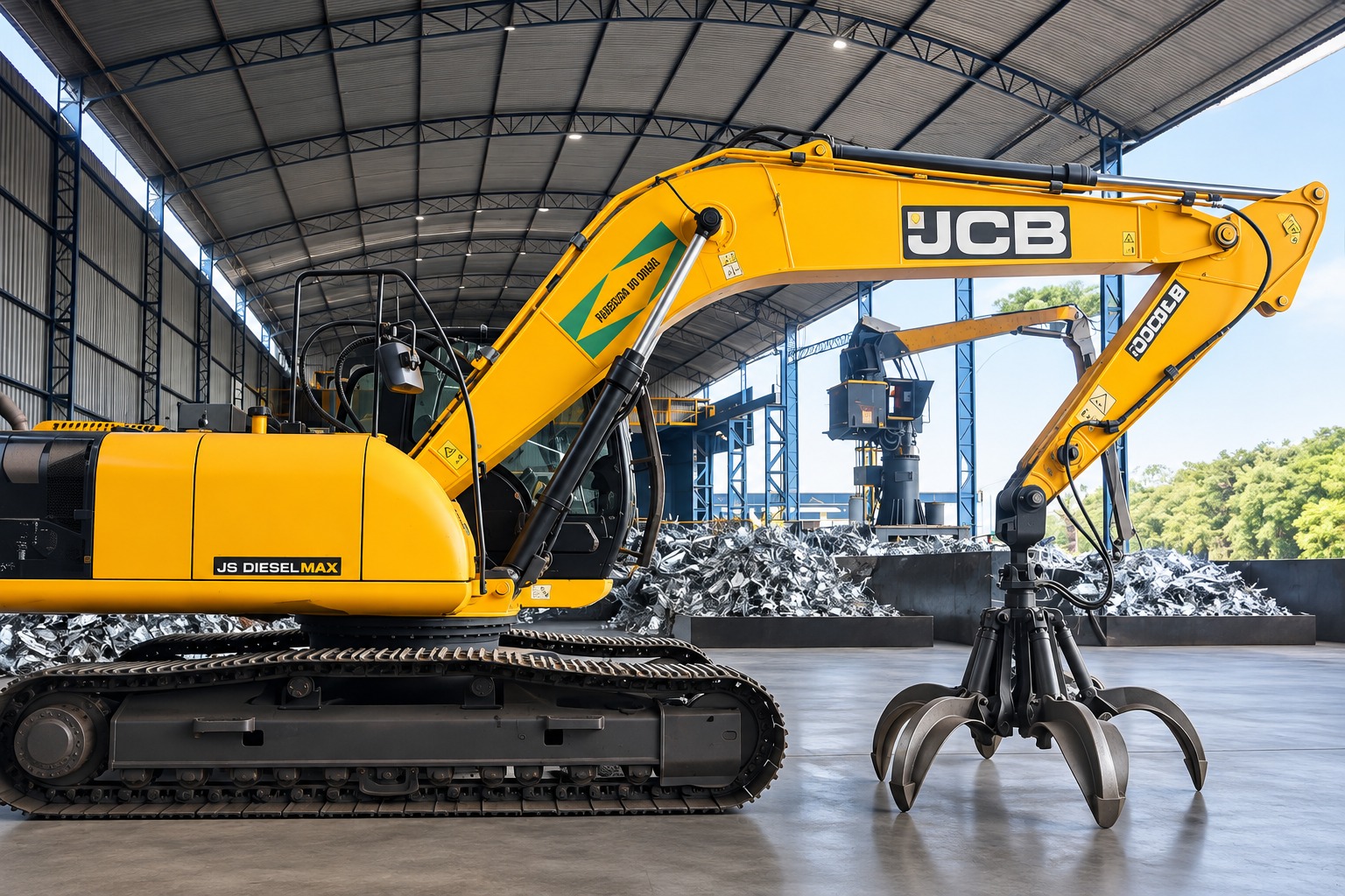 Escavadeira JCB com garra para movimentação de sucata em galpão industrial